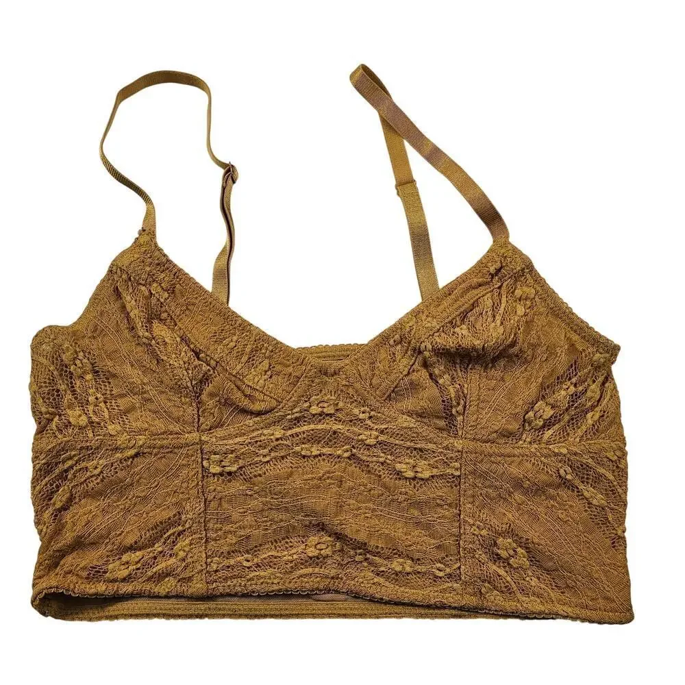 Free people sz XS gold stretch bralette flirty layering tank EUC lace sexy